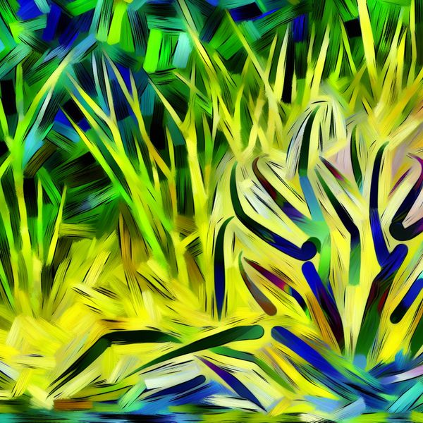 Abstracte uitbarsting van lente-energie met gras en beweging Vibrant abstract scene of grass blades shooting up under bright spring sunlight, with expressive brushstrokes and playful finger representations stirring the soil.
