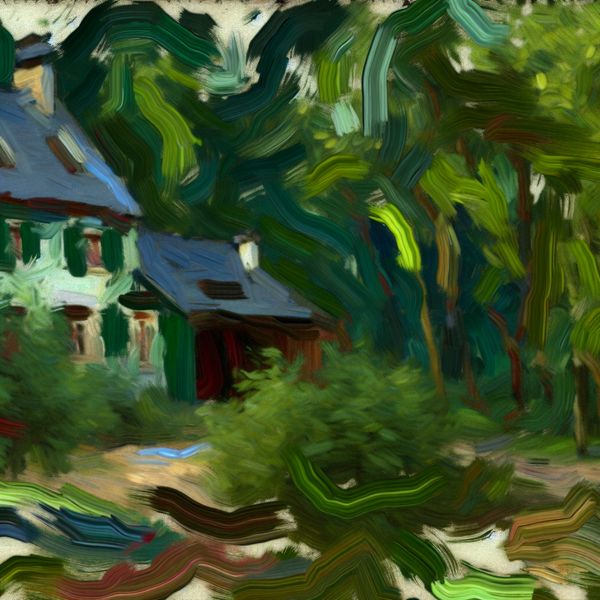 Locatie in de natuur: abstract schilderij van huis omringd door bos Abstract expressionistisch schilderij van een huis in een weelderig bos, met dynamische penseelstreken en natuurlijke kleuren