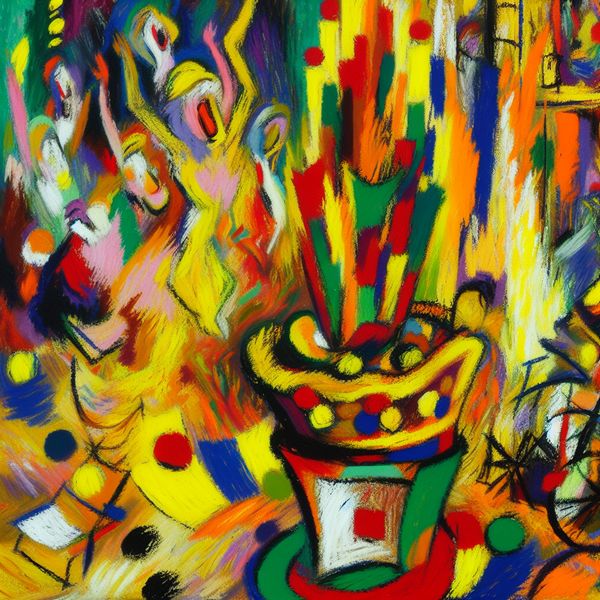 Abstracte Loterij Schilderij geïnspireerd door Willem de Kooning Een abstracte expressionistische schilderij van een levendige loterij scene met een kleurrijk winnend ticket en enthousiaste figuren op de achtergrond.