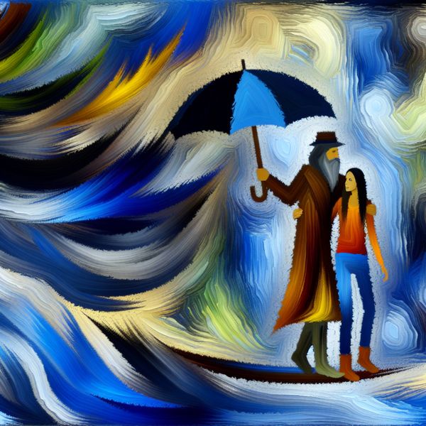 Abstracte weergave van loyaliteit in relaties Abstracte afbeelding van een loyaal koppel dat samenstaat in de storm, met een man die een paraplu vasthoudt.