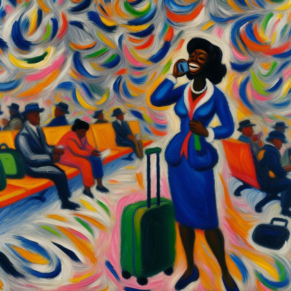 Abstracte Luchthaven Vreugde: Vrouw Aankondigt Vakantie Vrouw in levendig abstract expressionistisch vliegveld, glimlachend met koffer en telefoon, met gekoesterde chaos van kleuren