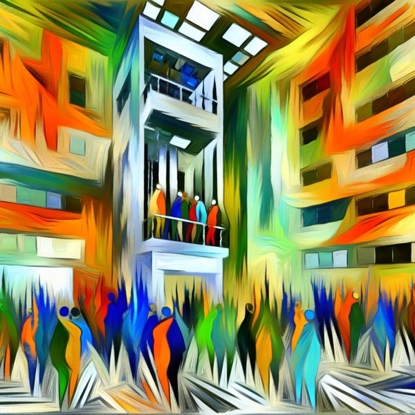 Abstracte Kunst van Mensen in een Lift in een Modern Gebouw Abstracte weergave van mensen die een lift gebruiken in een modern gebouw, met levendige penseelstreken die beweging en energie symboliseren.
