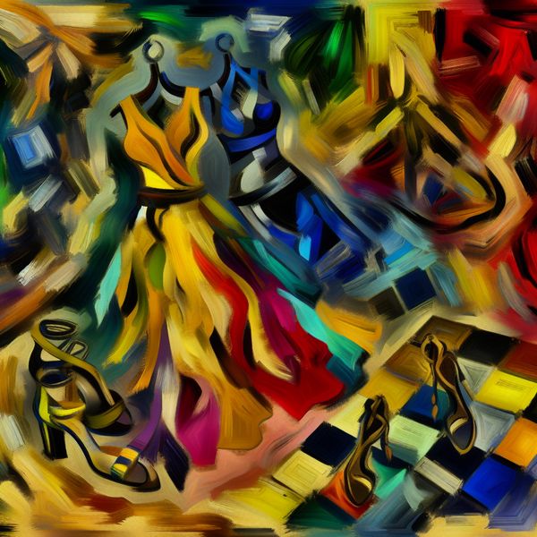 Abstracte expressieve afbeelding van een stijlvolle outfit met een levendige jurk, modieuze schoenen en een kleurrijke sjaal in een chaotische achtergrond van sterke penseelstreken.