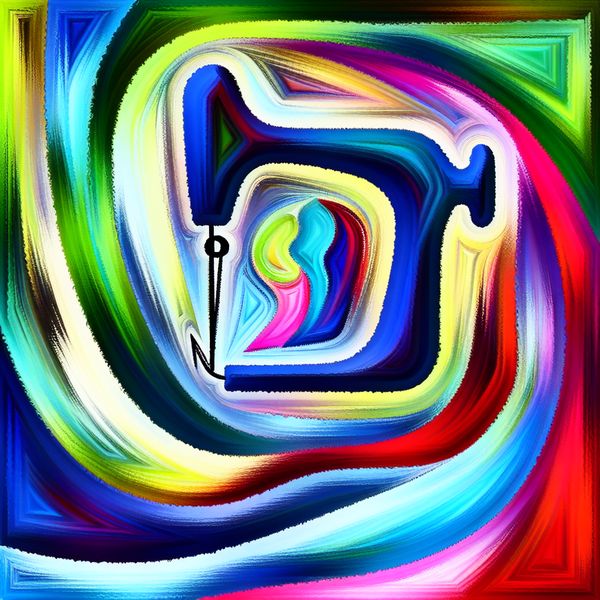 Abstracte afbeelding van een kleurrijke naai scène met een grote speld die heldere stof op zijn plaats houdt.