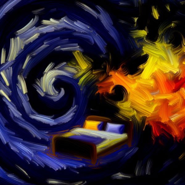 Abstracte nachtscène met een chaotisch samenspel van kleuren die slaap en dromen verbeelden.