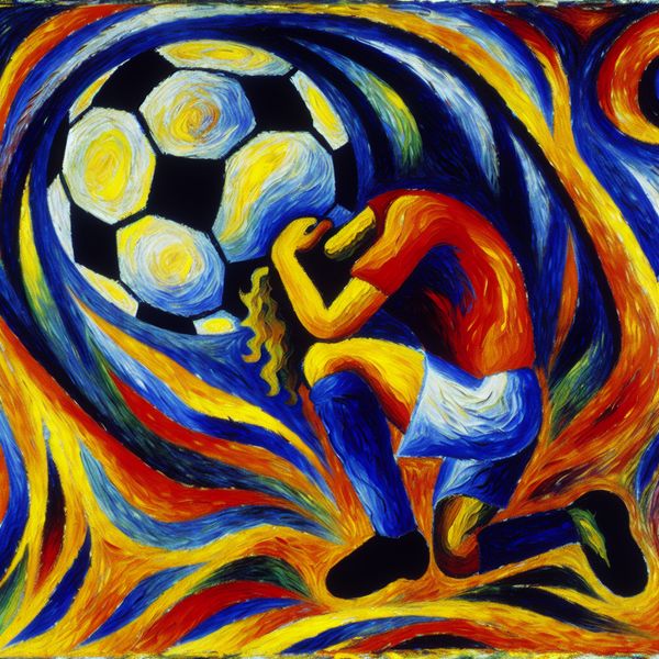 Nederlaag in sport: abstracte emotie van een verloren wedstrijd Abstract schilderij van een teleurgestelde voetballer na een nederlaag, met felle kleuren en expressieve penseelstreken in de stijl van Karel Appel
