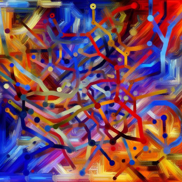 Vibrant Abstracte Netwerk van Verbindingen Abstracte compositie met een kleurrijk netwerk van verbindingen, symboliserend samenwerking en structuur