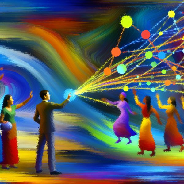 Creatieve netwerken en samenwerking in abstracte kunst Abstracte voorstelling van een levendig netwerkscène met diverse mensen in interactie