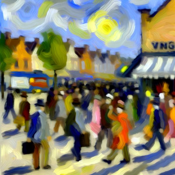 Vibrante abstracte ochtendscène met tijdsaanduiding Abstracte expressionistische schildering van een drukke straat in de ochtend met felle kleuren en chaotische penseelstreken.