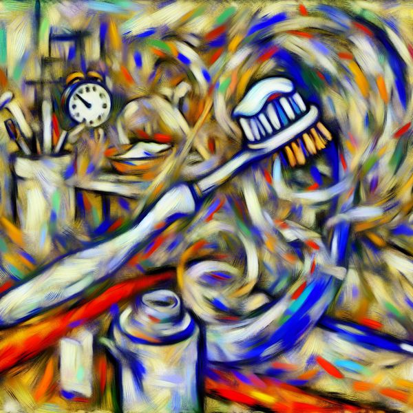 Abstract expressionistisch schilderij van een ochtendroutine met tanden poetsen, ontbijttafel en klok in levendige kleuren en dynamische penseelstreken