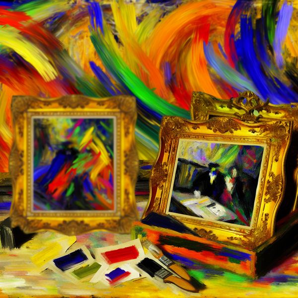 Abstracte omranding van foto's in expressieve kunst Abstract expressionistisch tafereel met kleurrijke borstels en twee ingelijste foto’s op een tafel.