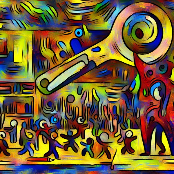 Kleurrijke onderwijsinspecteur in dynamische schoolomgeving - Abstracte kunst voor taalonderwijs Abstracte voorstelling van een onderwijsinspecteur in een kleurrijke schoolomgeving, geïnspireerd op de stijl van Karel Appel