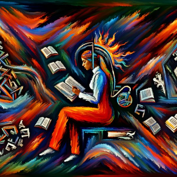 Abstracte weergave van oorzaak en gevolg in leren Abstract beeld van oorzaak en gevolg met een student die studeert, omringd door kleurrijke en expressieve elementen die kennis en ideëen symboliseren.