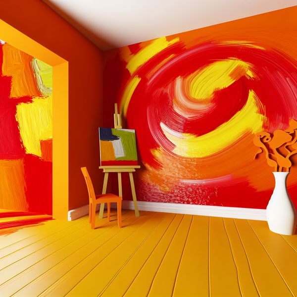 Vibrante abstracte oranje compositie in interieurontwerp Abstracte compositie met levendige oranje tinten in een interieur, weerspiegeld in energie en creativiteit.