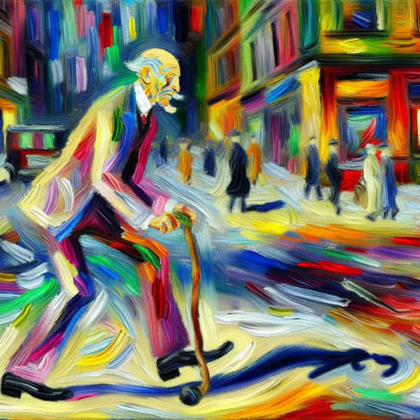 Abstracte afbeelding van een oudere man met een stoop op straat Een abstracte afbeelding van een oudere man met een duidelijke stoop die op een drukke straat loopt, omringd door vervormde gebouwen en bewegende figuren.