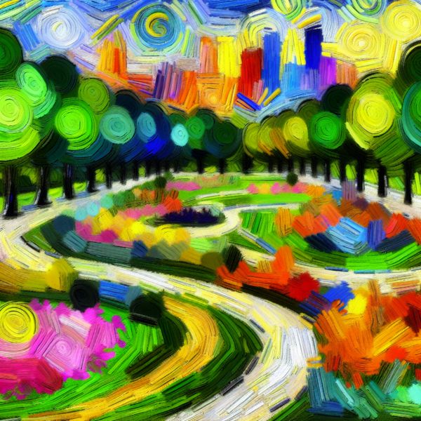 Een abstracte en kleurrijke afbeelding van een kronkelig pad in een park met levendige bomen en bloemen, leidend naar een abstracte stadsskyline.