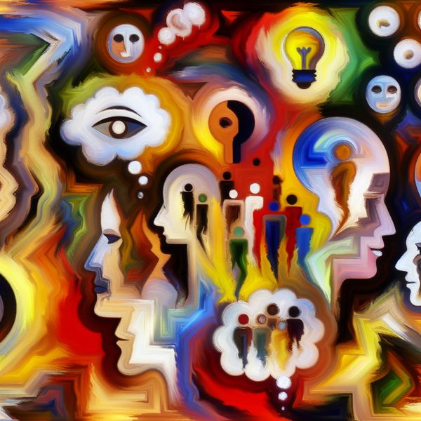 Abstract schilderij van diverse figuren met kleurrijke gedachtebubbels die verschillende percepties en indrukken weergeven, geïnspireerd op Karel Appel