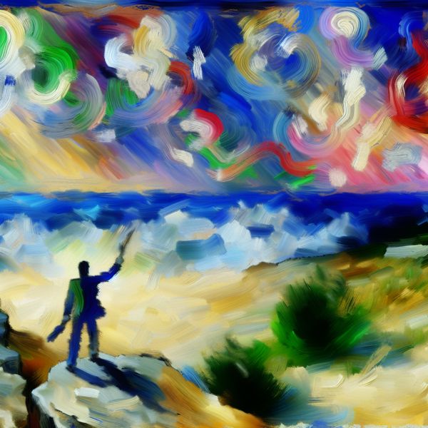 Personen en Ambities in Abstracte Kunst Abstracte uitdrukking van een persoon die op een klif staat en naar de horizon kijkt, met een uitgestrekte arm gericht op dromen.