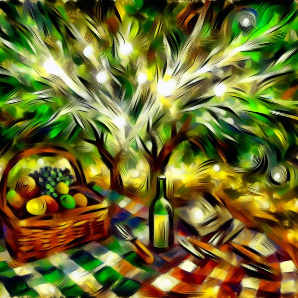 Abstracte picknick onder bomen Abstracte weergave van een serene picknick onder een dichte boomkruin met kleurrijke penseelstreken.