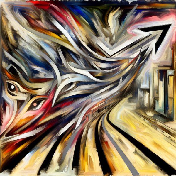 Abstract expressionistisch schilderij met een dynamische pijl naar rechts, symboliserend richting en beweging in de stijl van Willem de Kooning