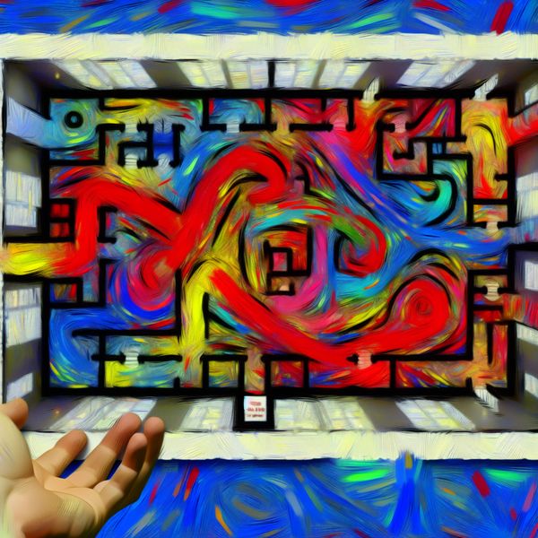 Abstracte plattegrond museum navigatie - moderne kunststijl voor taalonderwijs Abstract expressionistische plattegrond van een museum met dynamische penseelstreken en felle kleuren, vastgehouden door een hand
