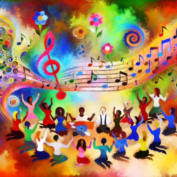 Abstracte Poëzie en Muziek Illustratie Een kleurrijke en abstracte afbeelding van een diverse groep mensen die zingend rond een grote bladmuziek staan, met muzikale noten die veranderen in bloemen.