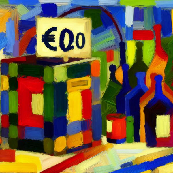 Abstracte marktscène met een opvallend boek met prijslabel van €20, geschilderd in expressieve stijl met felle kleuren en dikke penseelstreken