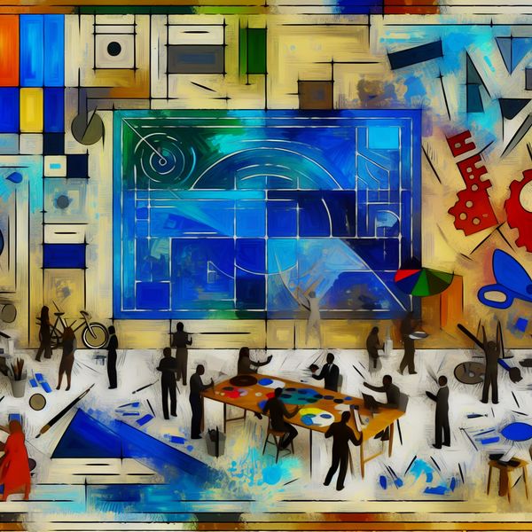 Kleurvolle abstracte projectuitvoering geïnspireerd door Karel Appel Abstract kleurrijke scène met een blauwdruk en mensen die aan projectuitvoering werken