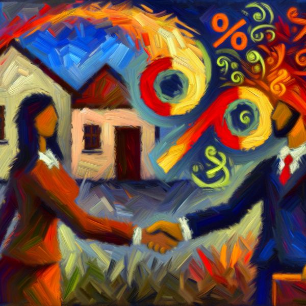 Provisie in vastgoed: abstracte weergave van financiële beloning voor bemiddeling Abstract expressionistisch schilderij van een vastgoedmakelaar en klant die een hand geven met een groot percentage (5%) als symbool voor provisie