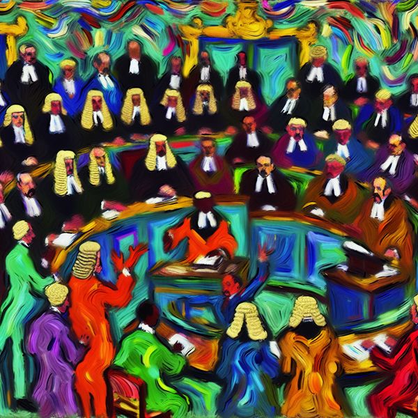 Kleurrijke rechtbankzitting: rechters in dynamische samenwerking - Nederlandse taaloefening Abstracte rechtbankzitting met levendige rechters en medewerkers in expressieve stijl van Karel Appel, samenwerkend aan een zaak