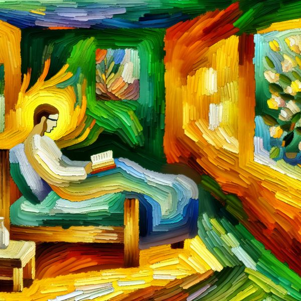 Abstracte interpretatie van recuperatie en rust Abstracte afbeelding van recuperatie met een rustgevende kamer, een persoon die op een houten bed ligt en een boek leest, omringd door levendige planten en bloemen.