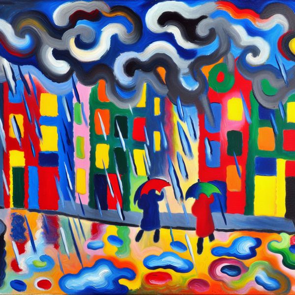 Abstracte voorstelling van een regenachtige dag in Amsterdam met felle kleuren en expressieve penseelstreken in de stijl van Karel Appel