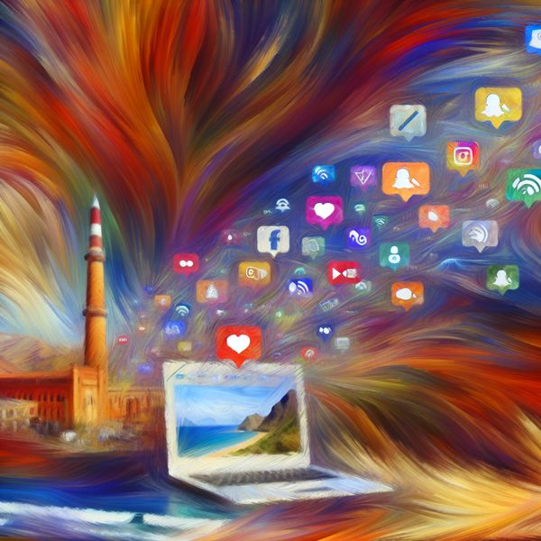 Abstracte uitdrukking van een bloeiende reisblog met een open laptop omringd door iconische reisbestemmingen.