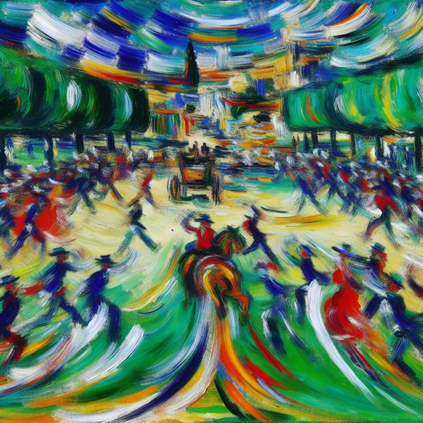 Abstract expressionistisch schilderij van een levendige parkscène met mensen die zich dynamisch bewegen naar een centraal punt, richting aangeven in chaotische beweging