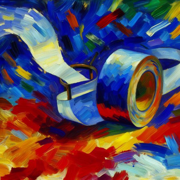 Abstract expressionistisch schilderij van een cilindervormige rol verpakkingspapier of tape met dynamische penseelstreken en felle kleuren