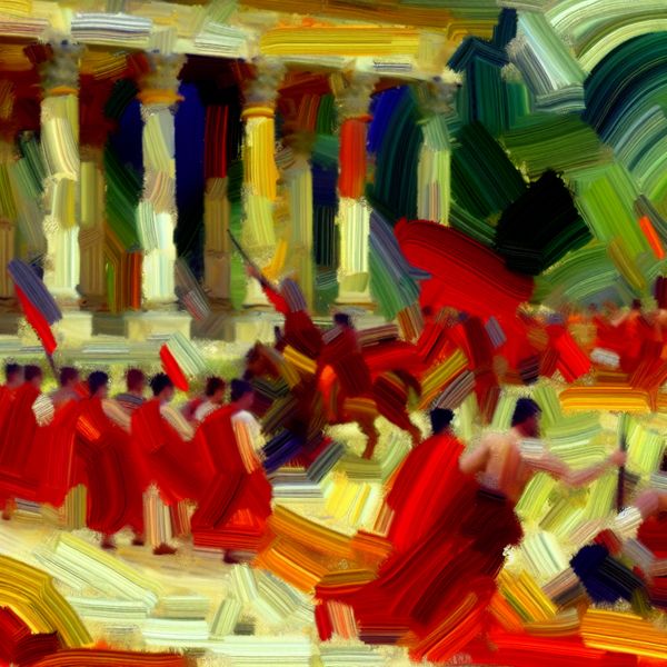 Abstracte Romeinse Scene geïnspireerd door Sandalenfilms Abstracte expressieve schilderij van een oude Romeinse setting met gladiatoren in actie en personages in vloeiende togi's, vol levendige kleuren.