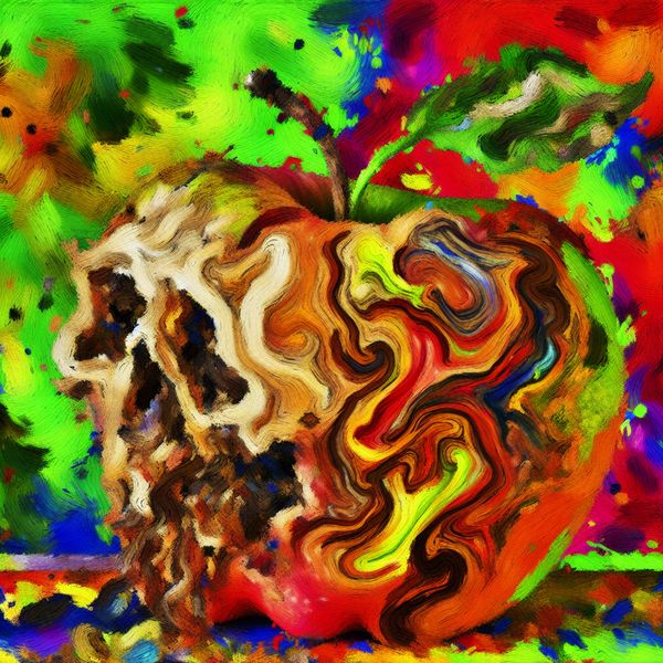 Abstracte rotte appel in de stijl van Karel Appel Abstracte weergave van een rotte appel in levendige kleuren, met een speelse en expressieve stijl.