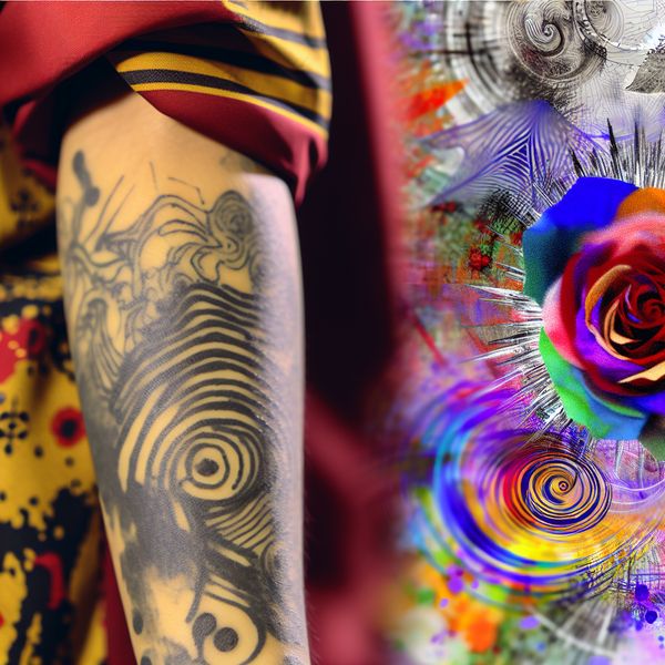 Een close-up van een arm met een kleurrijke, abstracte rozen-tatoeage, die schoonheid en blijvendheid symboliseert.