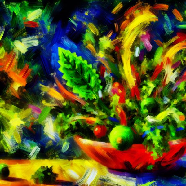 Abstracte Salade met Bittere Kruiden in de Stijl van Karel Appel Abstract kleurrijke afbeelding van een salade met een kleine bittere plant of kruid.