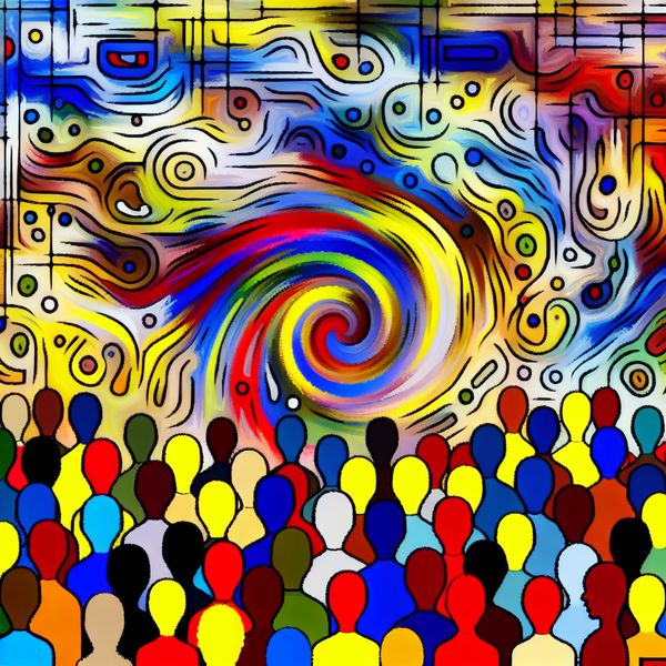 Dynamische samenleving: abstracte weergave van menselijke verbondenheid en maatschappelijke structuur Abstracte voorstelling van een dynamische samenleving met kleurrijke, onderling verbonden figuren en symbolen van technologie en vooruitgang