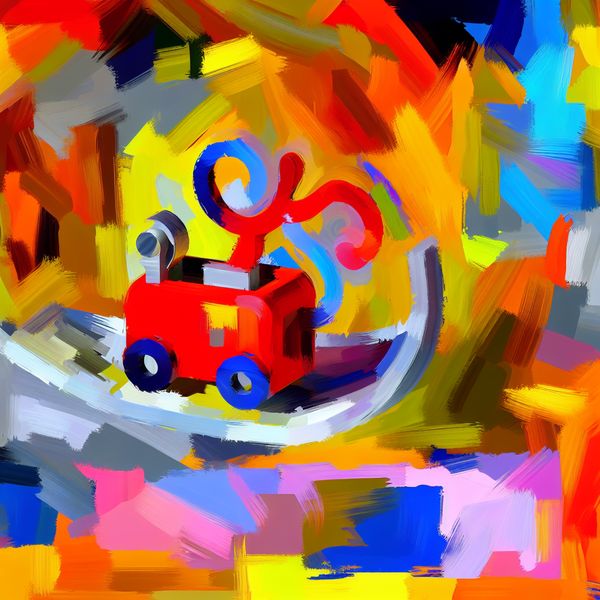 Vrolijke abstracte kunst met speelgoedje op schoorsteenmantel Een kleurrijke abstracte voorstelling van een schattig speelgoedje op een schoorsteenmantel