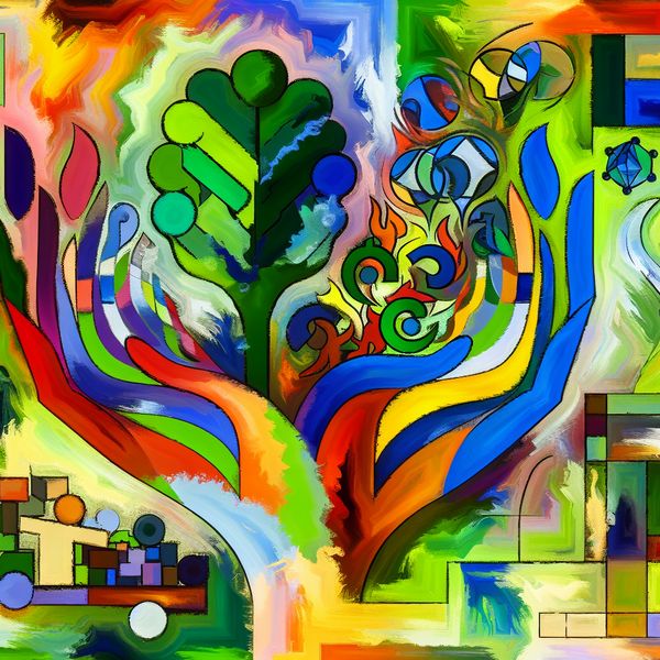 Abstracte kunst van samenwerking en duurzame economie Abstracte compositie met kleurrijke elementen die ideeën en trends symboliseren, met in het midden twee handen die groene bomen en stapels munten samenvoegen.