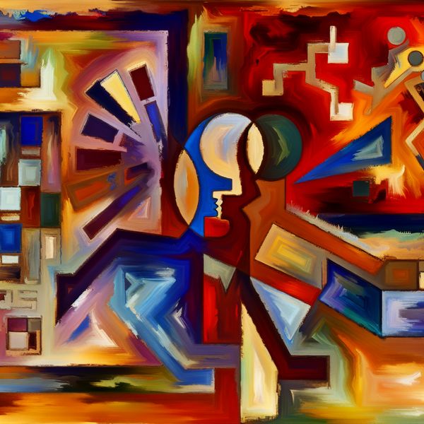 Abstracte samenwerking tussen figuren in expressieve kleuren Abstracte expressieve compositie van twee overlappende figuren in een chaotische, kleurrijke omgeving, geïnspireerd door Willem de Kooning