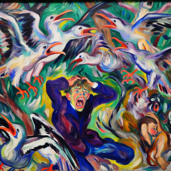 Chaos van vogels en verdriet in abstracte expressie Abstract expressionistische schilderij met vogels in opwinding en een verdrietig kind dat zijn armen opheft.