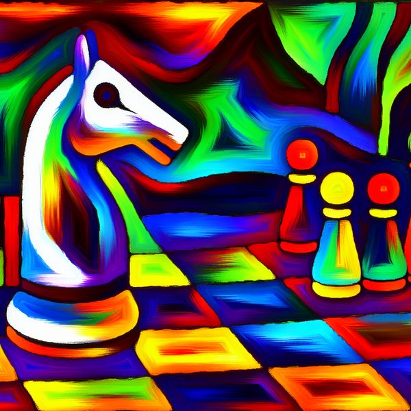 Abstracte Schaken Paard Verplaatsing Een abstracte en kleurrijke afbeelding van een schaakbord met een verplaatste paard, in levendige kleuren en vervaagde achtergronddetails.