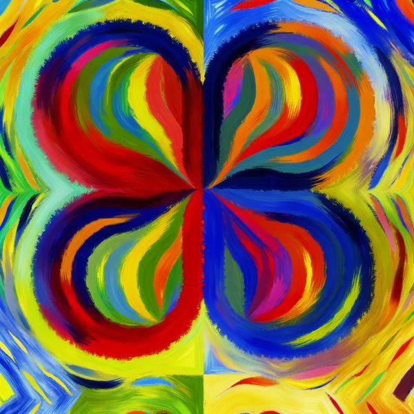 Kleurvolle Abstractie van Gelijkheid en Identiteit Abstract schilderij met twee grote kleurrijke vormen die gelijkheid symboliseren, met levendige penseelstreken op de achtergrond