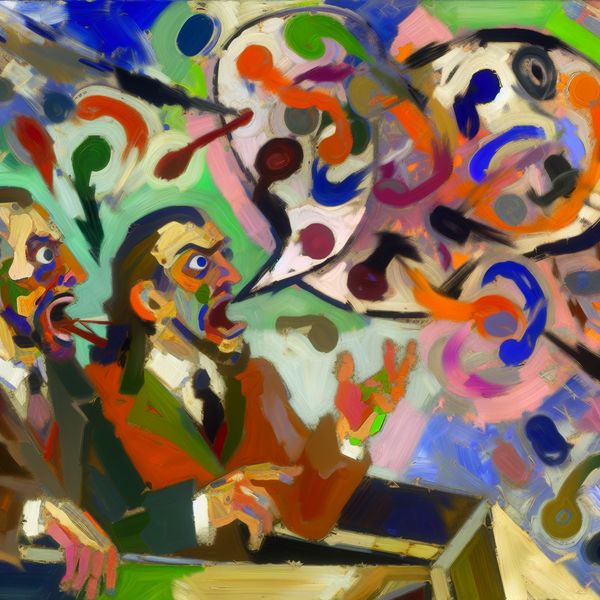 Abstract expressionist schilderij in de stijl van Willem de Kooning, met een persoon die energiek spreekt omringd door kleurrijke spraakbubbels.