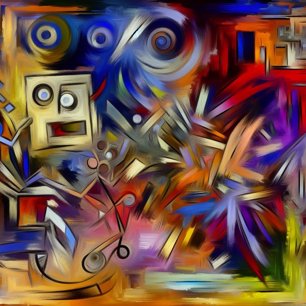 Abstract expressionistisch schilderij dat een persoon toont met een blije gezichtsuitdrukking, omringd door felle kleuren en chaotische penseelstreken