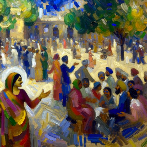 Abstracte Schilderij Stadspark en Vriendelijk Gedrag Abstract expressionistisch schilderij van een druk stadspark met een vriendelijke man in het midden