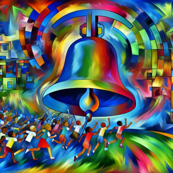 Abstracte schoolbel die het begin van de schooldag aangeeft Vibrant abstract schoolbel die om 8 uur 's ochtends luidt, met kinderen die naar de bel rennen
